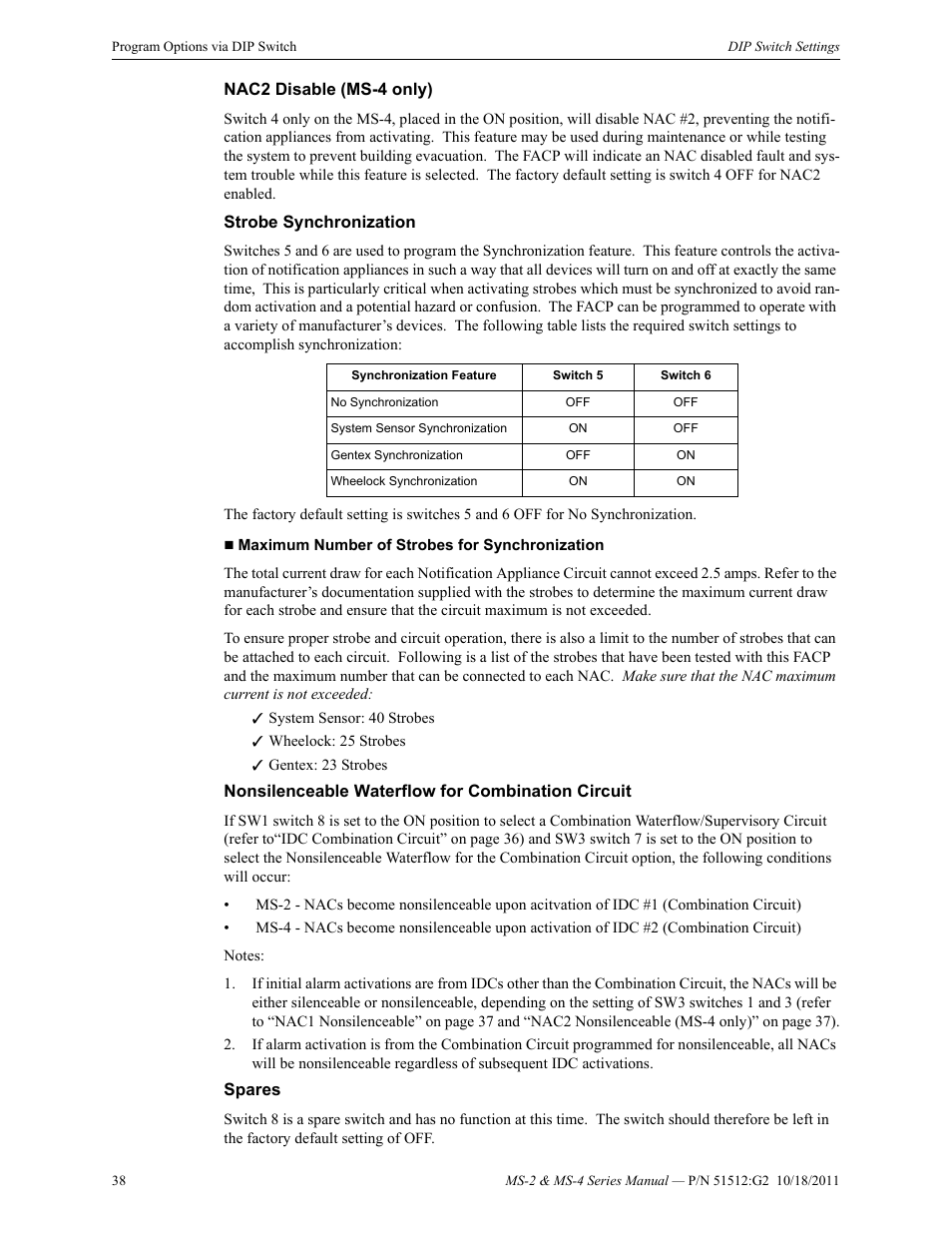 Nac2 disable (ms-4 only), Strobe synchronization, Nonsilenceable waterflow for combination circuit | Spares | Fire-Lite MS-4E Fire Alarm Control Panel User Manual | Page 38 / 56