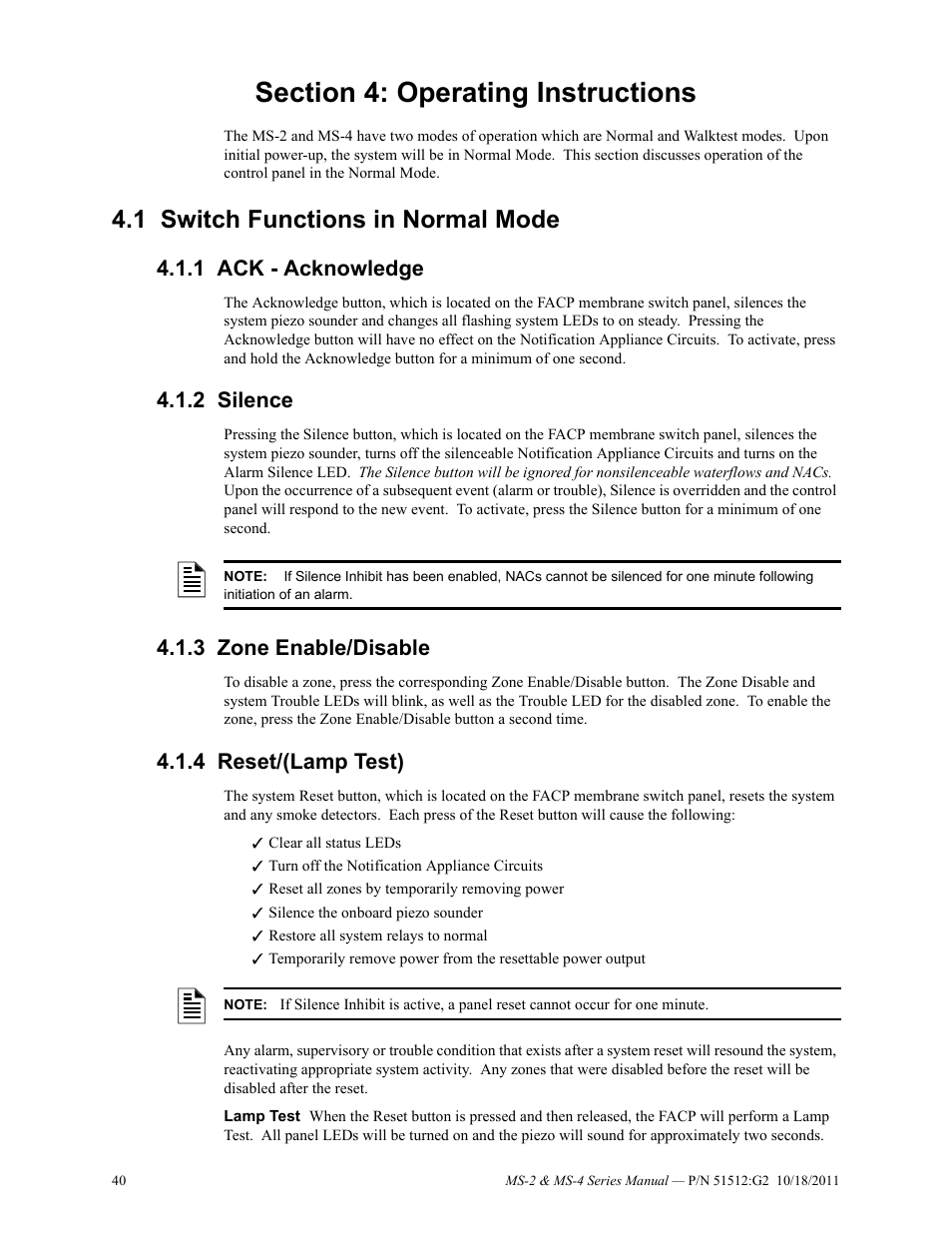 Section 4: operating instructions, 1 switch functions in normal mode, 1 ack - acknowledge | 2 silence, 3 zone enable/disable, 4 reset/(lamp test), Switch functions in normal mode | Fire-Lite MS-4E Fire Alarm Control Panel User Manual | Page 40 / 56