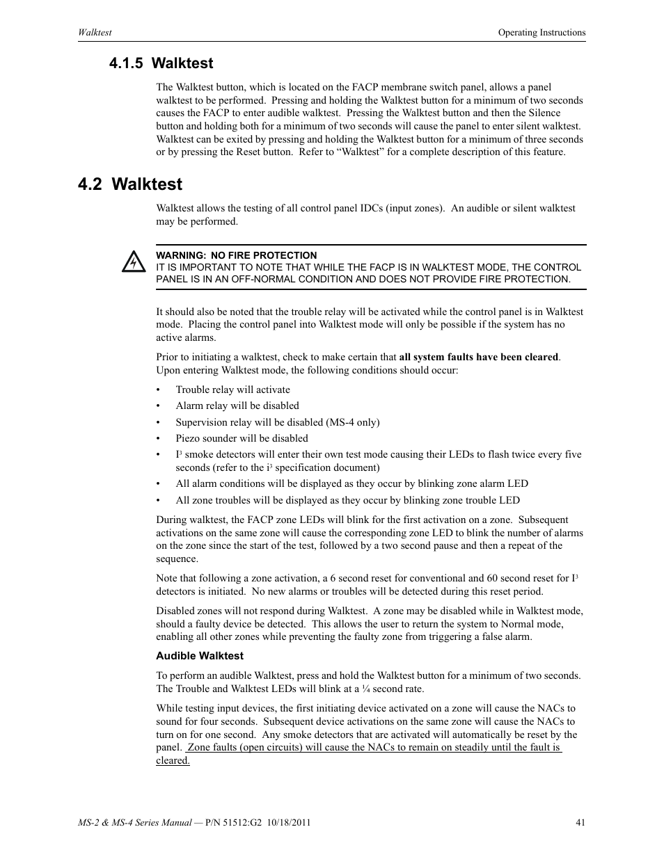 5 walktest, 2 walktest, Walktest | Fire-Lite MS-4E Fire Alarm Control Panel User Manual | Page 41 / 56