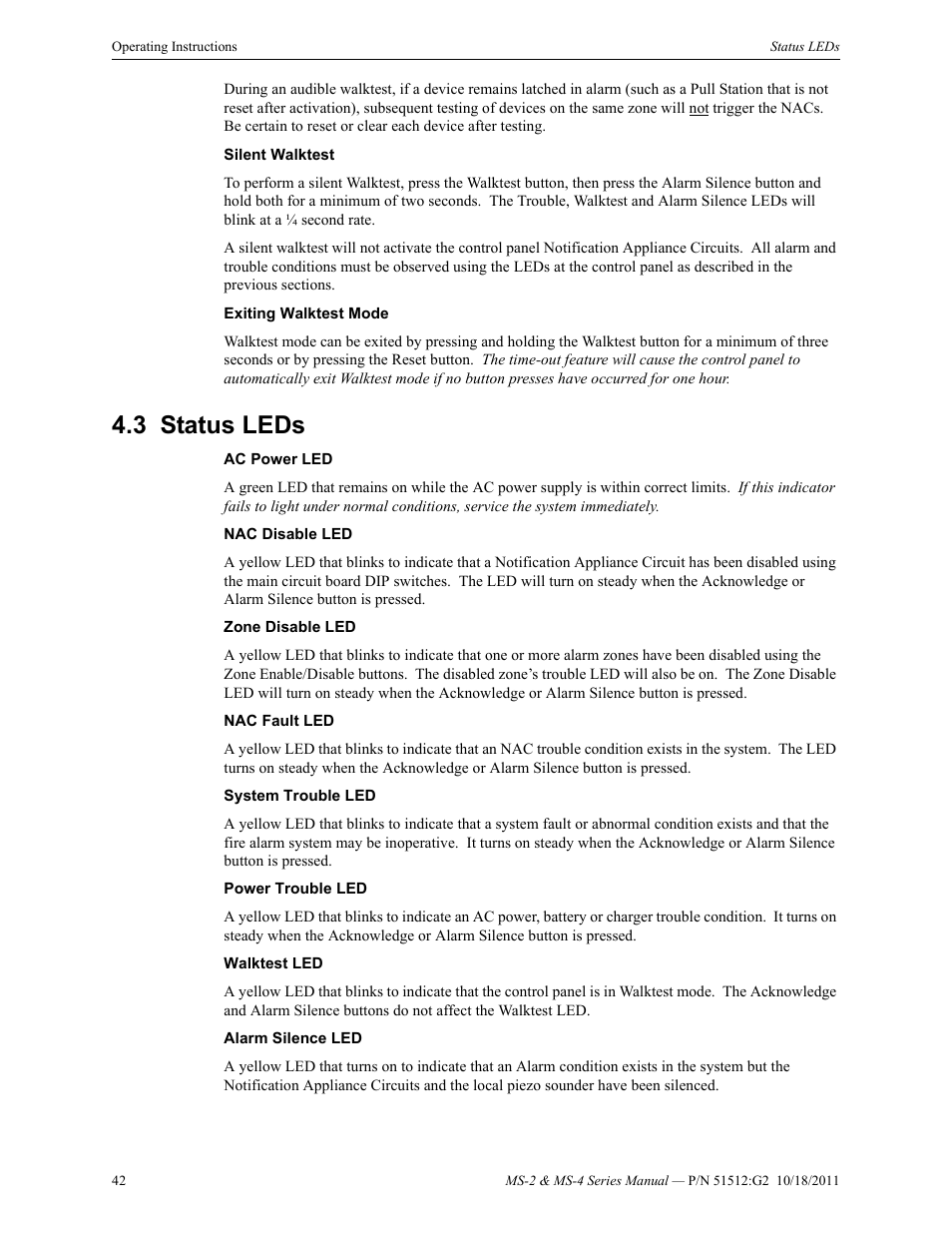 3 status leds, Status leds | Fire-Lite MS-4E Fire Alarm Control Panel User Manual | Page 42 / 56