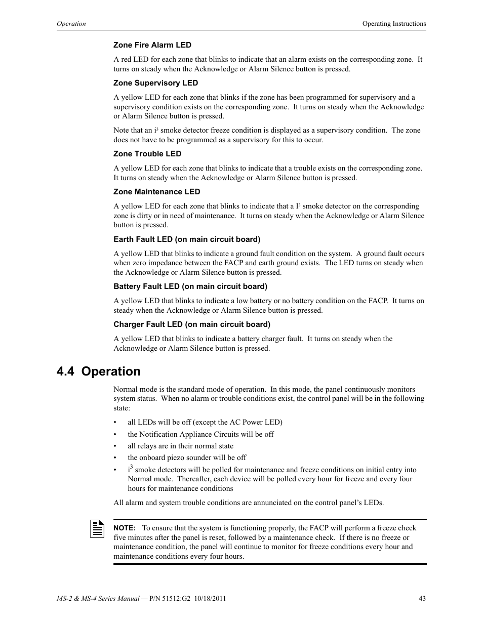 4 operation, Operation | Fire-Lite MS-4E Fire Alarm Control Panel User Manual | Page 43 / 56