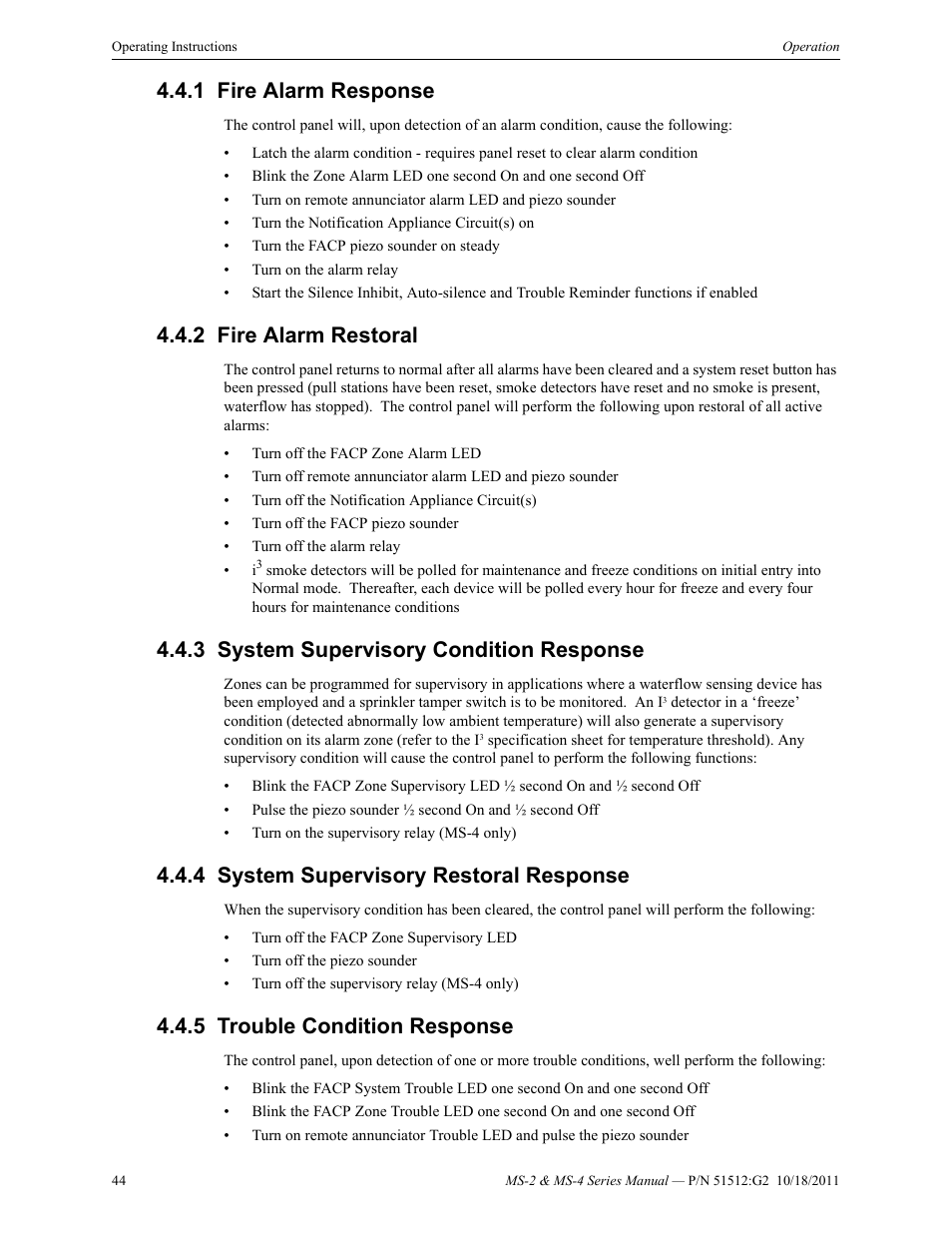 1 fire alarm response, 2 fire alarm restoral, 3 system supervisory condition response | 4 system supervisory restoral response, 5 trouble condition response | Fire-Lite MS-4E Fire Alarm Control Panel User Manual | Page 44 / 56