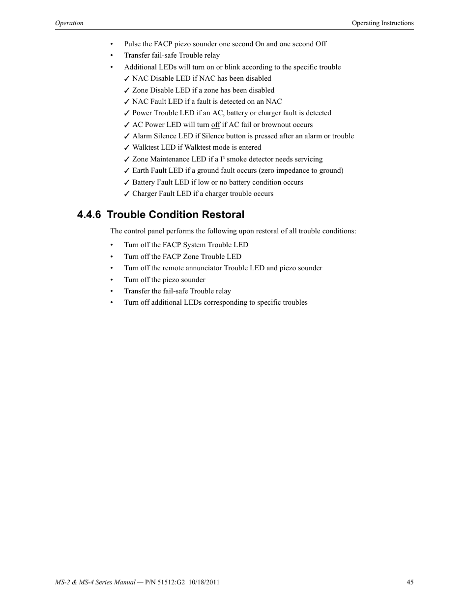 6 trouble condition restoral, Trouble condition restoral | Fire-Lite MS-4E Fire Alarm Control Panel User Manual | Page 45 / 56