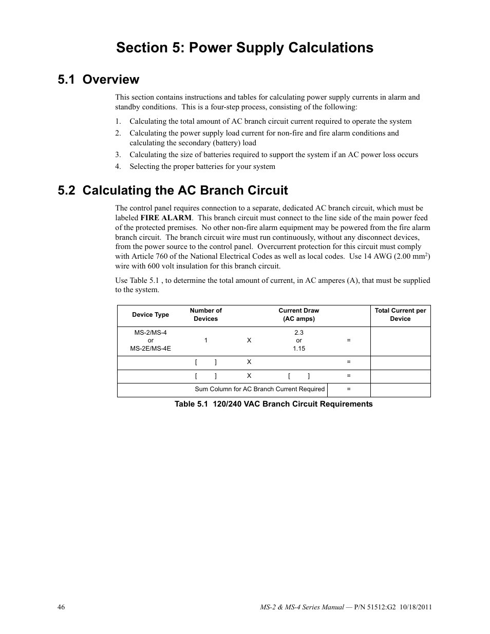 Section 5: power supply calculations, 1 overview, 2 calculating the ac branch circuit | Overview 5.2: calculating the ac branch circuit | Fire-Lite MS-4E Fire Alarm Control Panel User Manual | Page 46 / 56