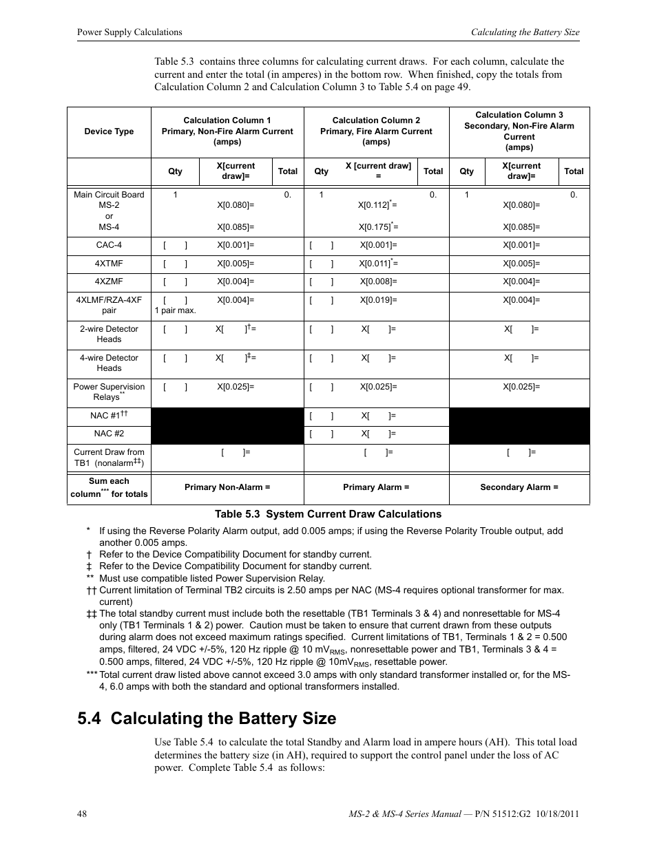 4 calculating the battery size, Calculating the battery size | Fire-Lite MS-4E Fire Alarm Control Panel User Manual | Page 48 / 56