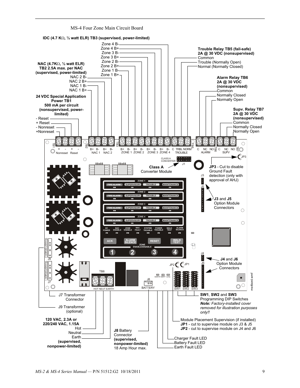 Ms-4 four zone main circuit board | Fire-Lite MS-4E Fire Alarm Control Panel User Manual | Page 9 / 56