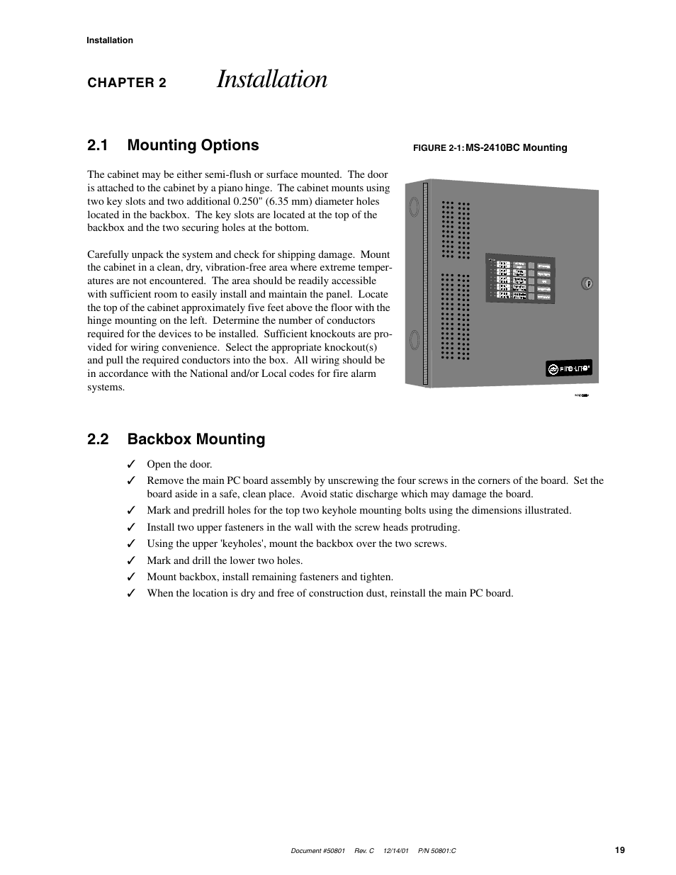 Installation, 1 mounting options, 2 backbox mounting | Fire-Lite MS-2410BC Conventional Control Panel User Manual | Page 19 / 64