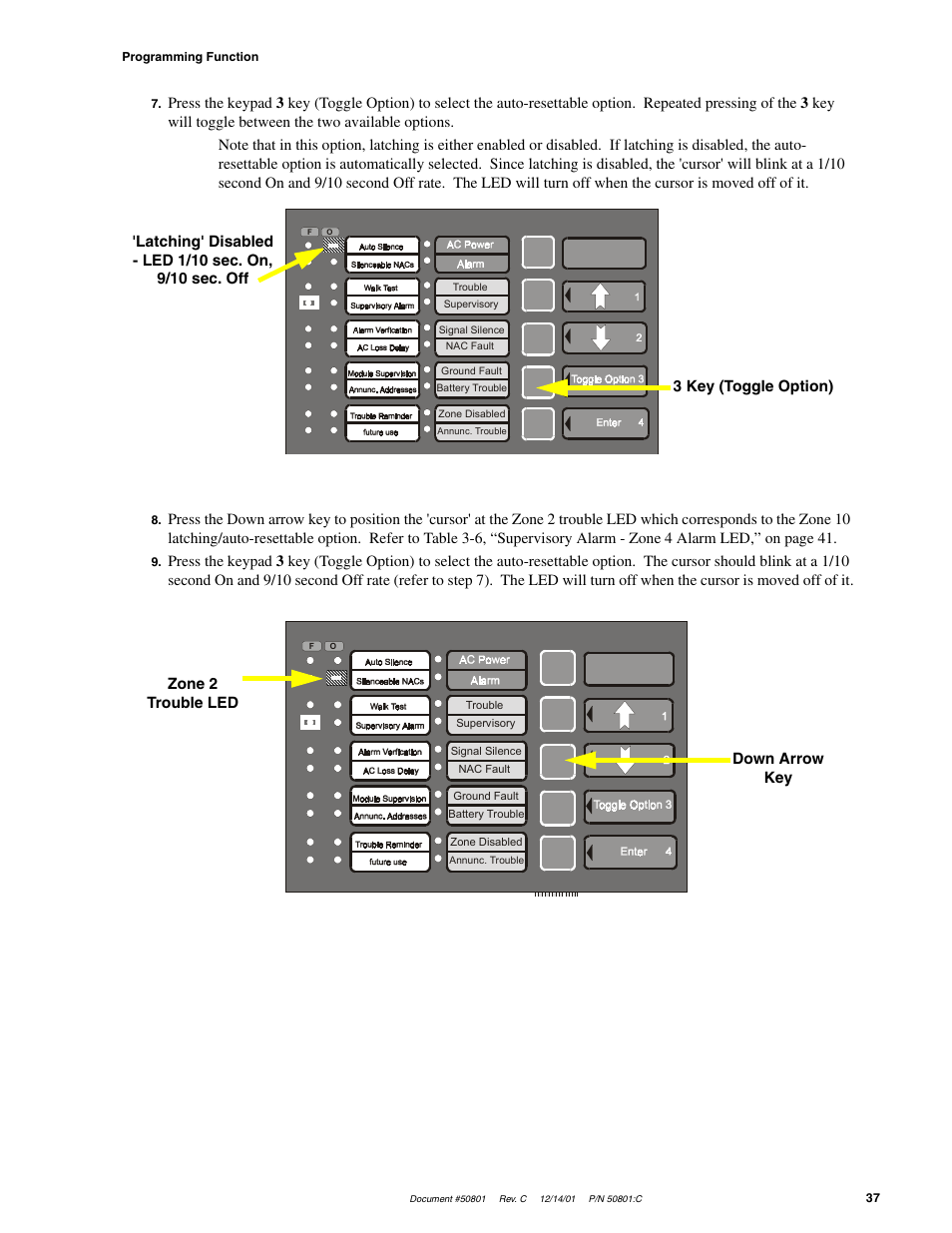 Down arrow key zone 2 trouble led | Fire-Lite MS-2410BC Conventional Control Panel User Manual | Page 37 / 64