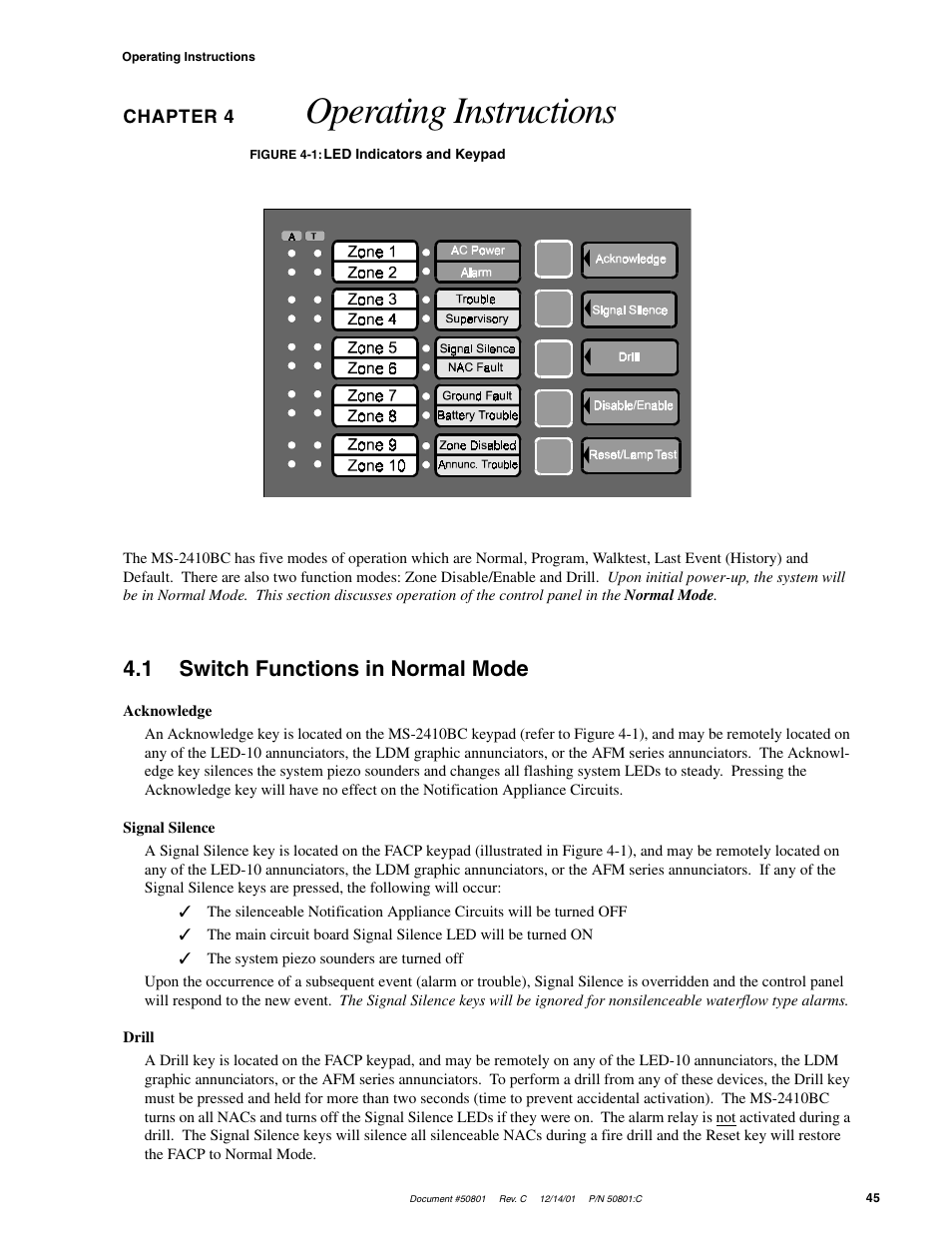 Operating instructions, 1 switch functions in normal mode | Fire-Lite MS-2410BC Conventional Control Panel User Manual | Page 45 / 64