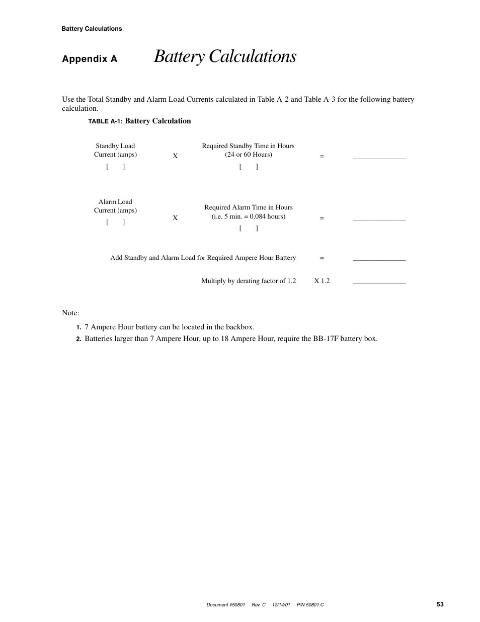 Battery calculations, Appendix a | Fire-Lite MS-2410BC Conventional Control Panel User Manual | Page 53 / 64