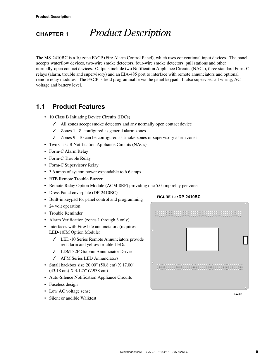 Product description, 1 product features | Fire-Lite MS-2410BC Conventional Control Panel User Manual | Page 9 / 64