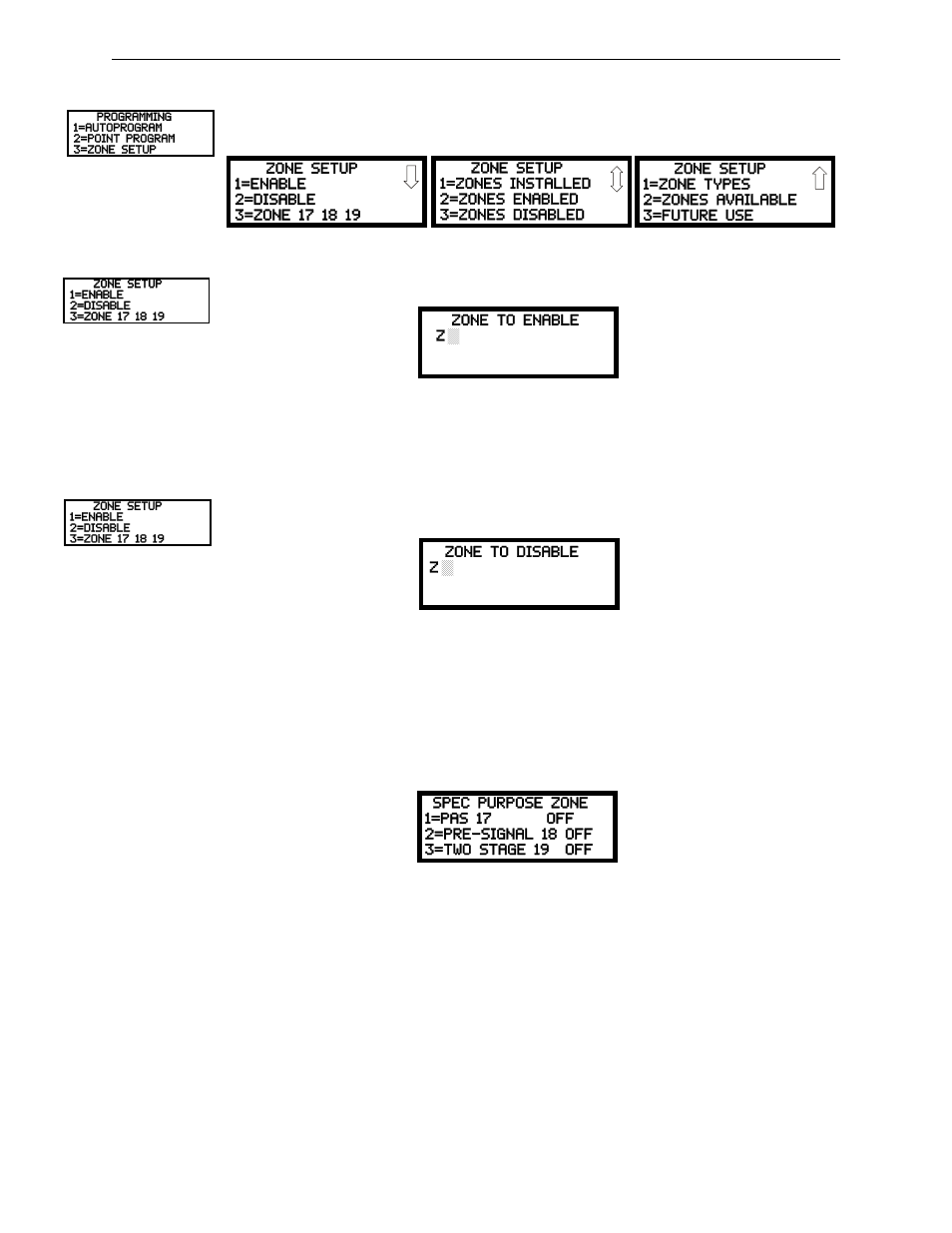 3 zone setup, Enable, Disable | Zone 17, 18, and 19, Zone setup, Enable disable zone 17, 18, and 19 | Fire-Lite MS-9050UDC Addressable Fire Alarm Control Panel User Manual | Page 78 / 192