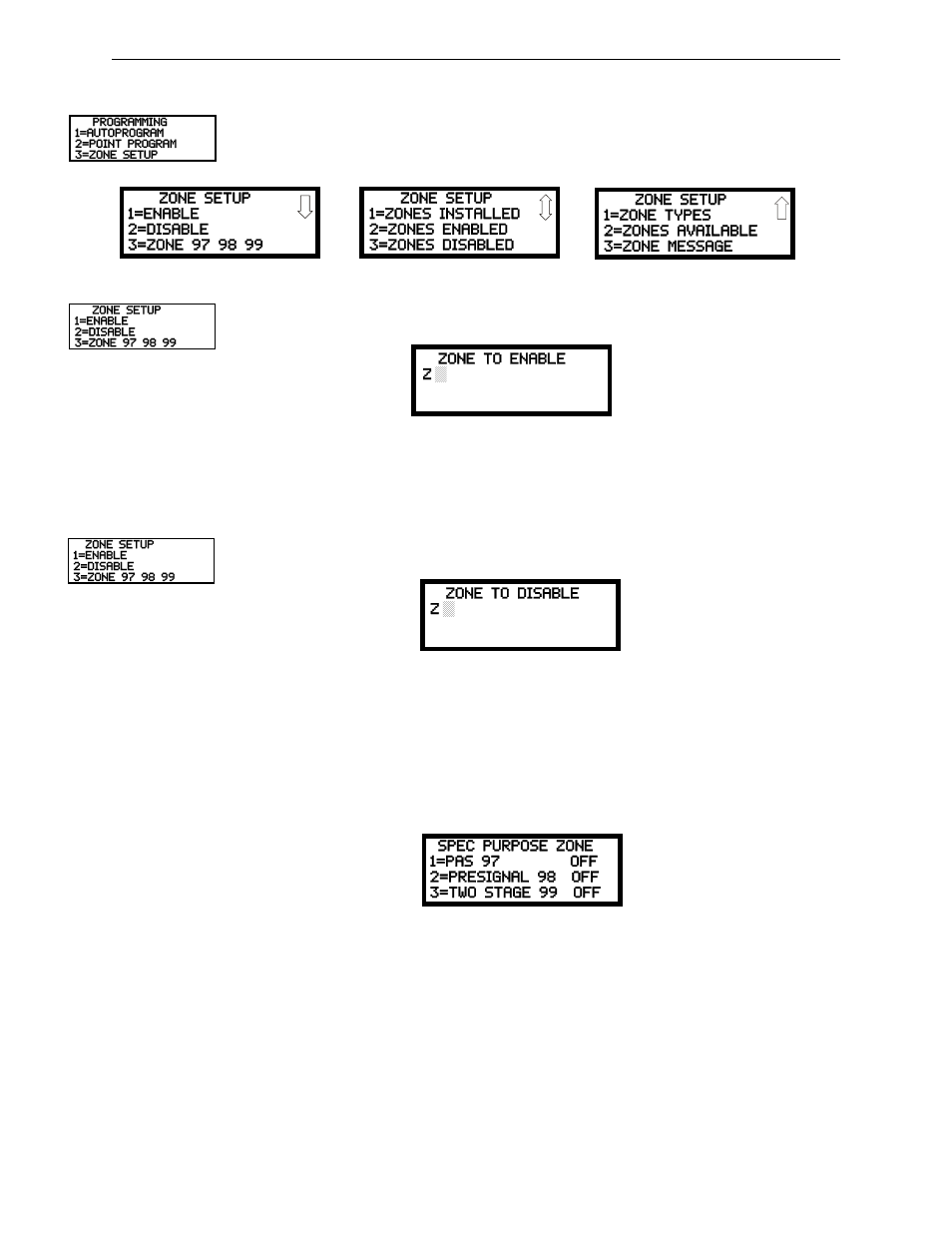 3 zone setup, Enable, Disable | Zone 97, 98 and 99, Zone setup, Enable disable zone 97, 98 and 99 | Fire-Lite MS-9200UDLSC Addressable Fire Alarm Control Panel User Manual | Page 87 / 200