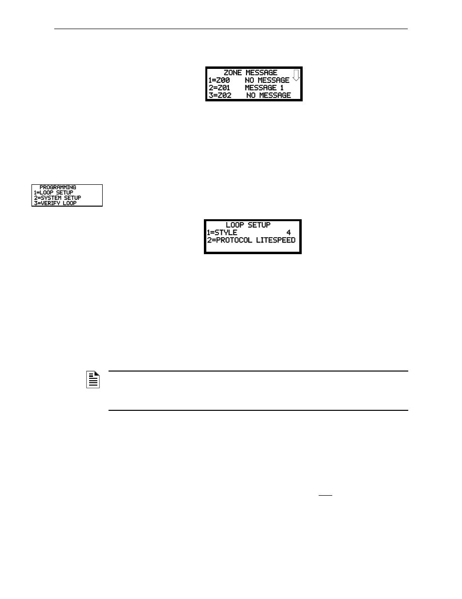 Zone message, 4 loop setup, Style | Loop protocol, Loop setup, Style loop protocol | Fire-Lite MS-9200UDLSC Addressable Fire Alarm Control Panel User Manual | Page 90 / 200