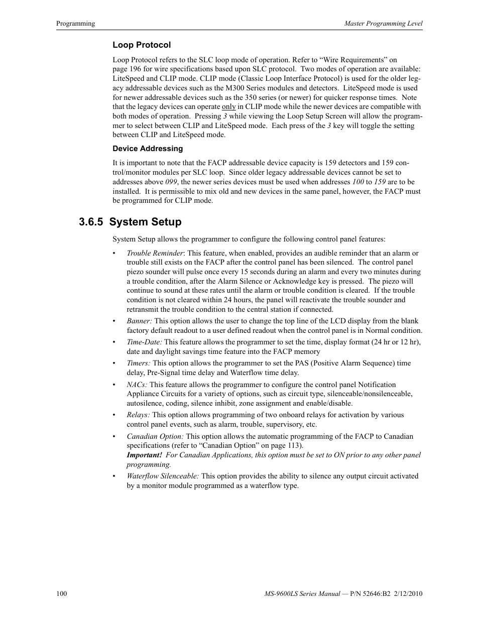 Loop protocol, 5 system setup, System setup | Fire-Lite MS-9600LSC Addressable Fire Alarm Control Panel User Manual | Page 100 / 208