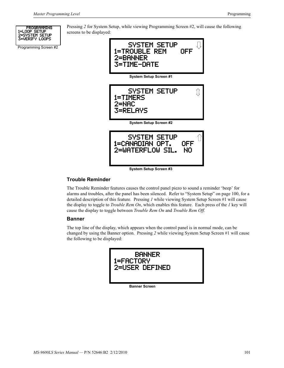 Trouble reminder, Banner, Trouble reminder banner | Fire-Lite MS-9600LSC Addressable Fire Alarm Control Panel User Manual | Page 101 / 208