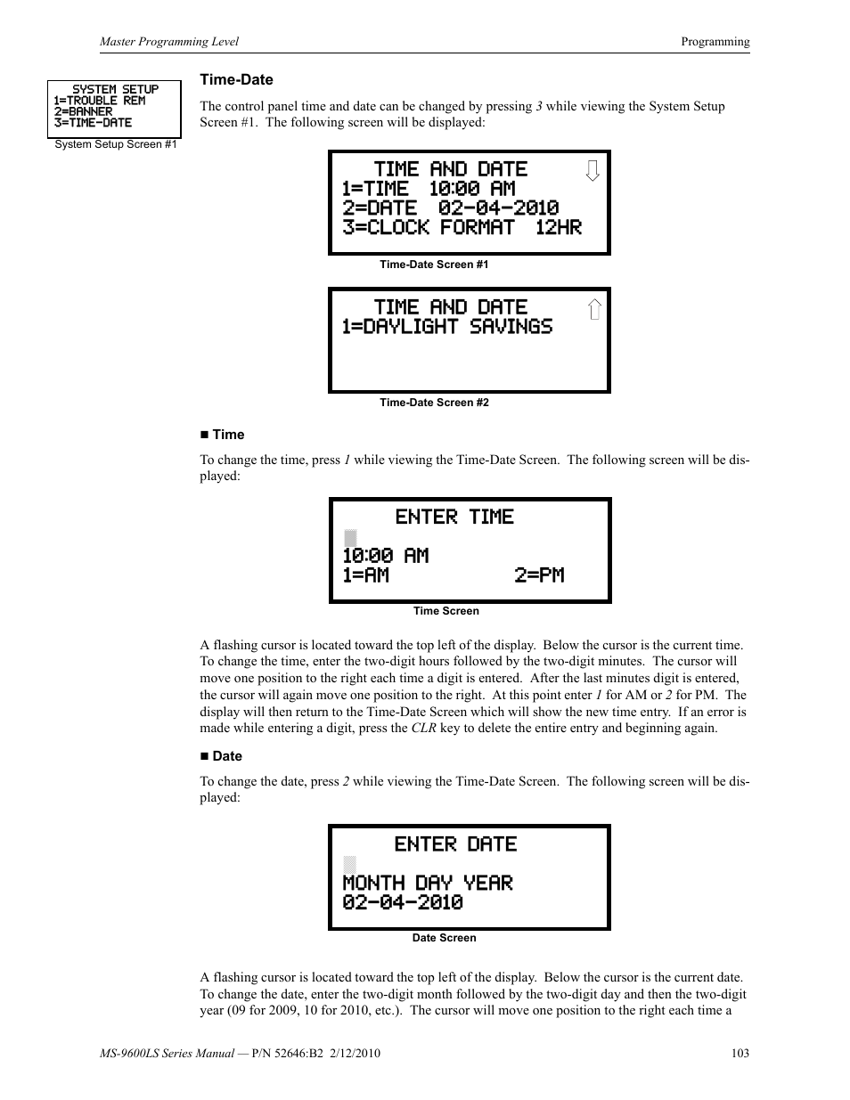 Time-date | Fire-Lite MS-9600LSC Addressable Fire Alarm Control Panel User Manual | Page 103 / 208