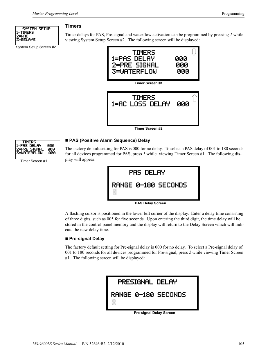 Timers, Timers 1=ac loss delay 000, Pas delay range 0-180 seconds | Presignal delay range 0-180 seconds | Fire-Lite MS-9600LSC Addressable Fire Alarm Control Panel User Manual | Page 105 / 208