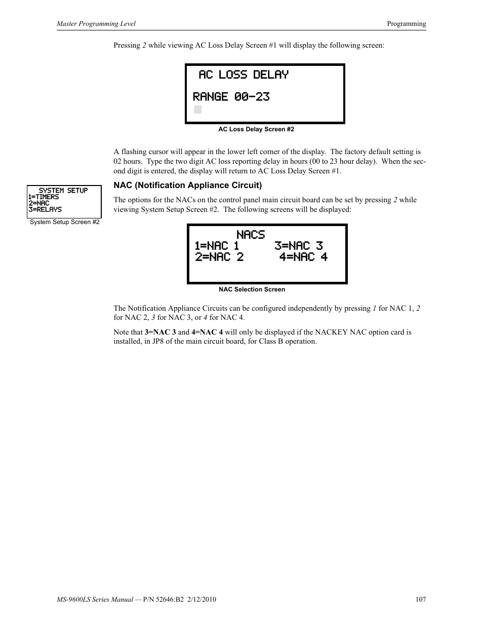 Nac (notification appliance circuit), Ac loss delay range 00-23 | Fire-Lite MS-9600LSC Addressable Fire Alarm Control Panel User Manual | Page 107 / 208