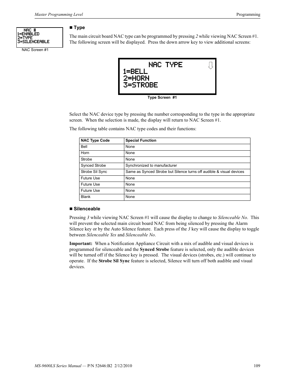 Nac type 1=bell 2=horn 3=strobe | Fire-Lite MS-9600LSC Addressable Fire Alarm Control Panel User Manual | Page 109 / 208