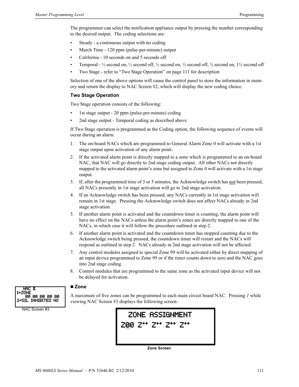 Zone assignment z00 z** z** z** z | Fire-Lite MS-9600LSC Addressable Fire Alarm Control Panel User Manual | Page 111 / 208