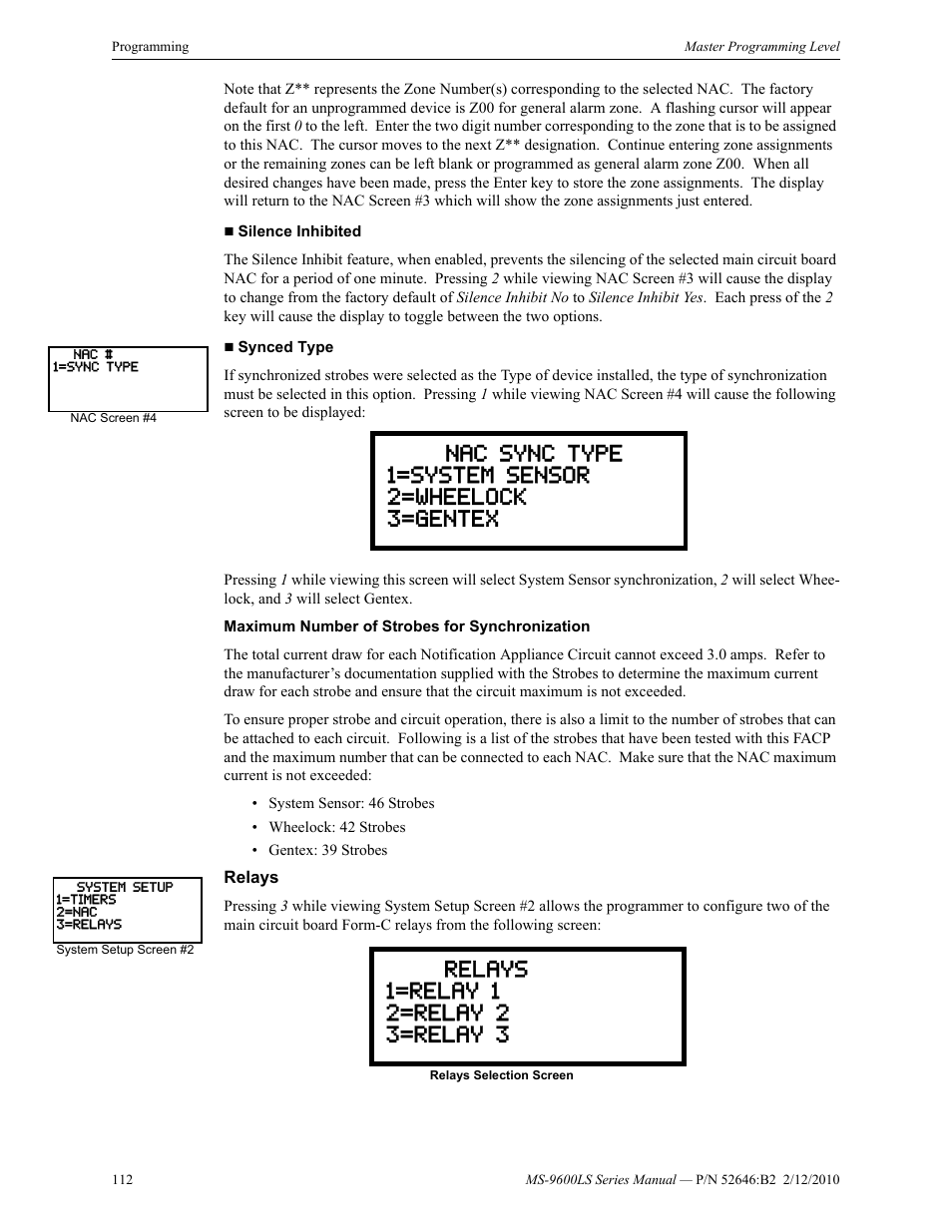 Relays, Nac sync type 1=system sensor 2=wheelock 3=gentex | Fire-Lite MS-9600LSC Addressable Fire Alarm Control Panel User Manual | Page 112 / 208