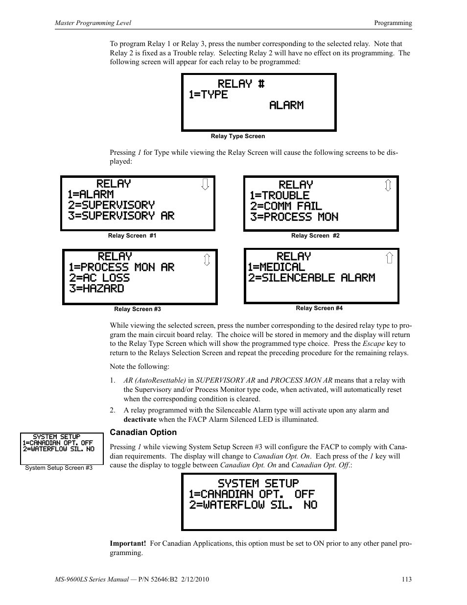 Canadian option | Fire-Lite MS-9600LSC Addressable Fire Alarm Control Panel User Manual | Page 113 / 208