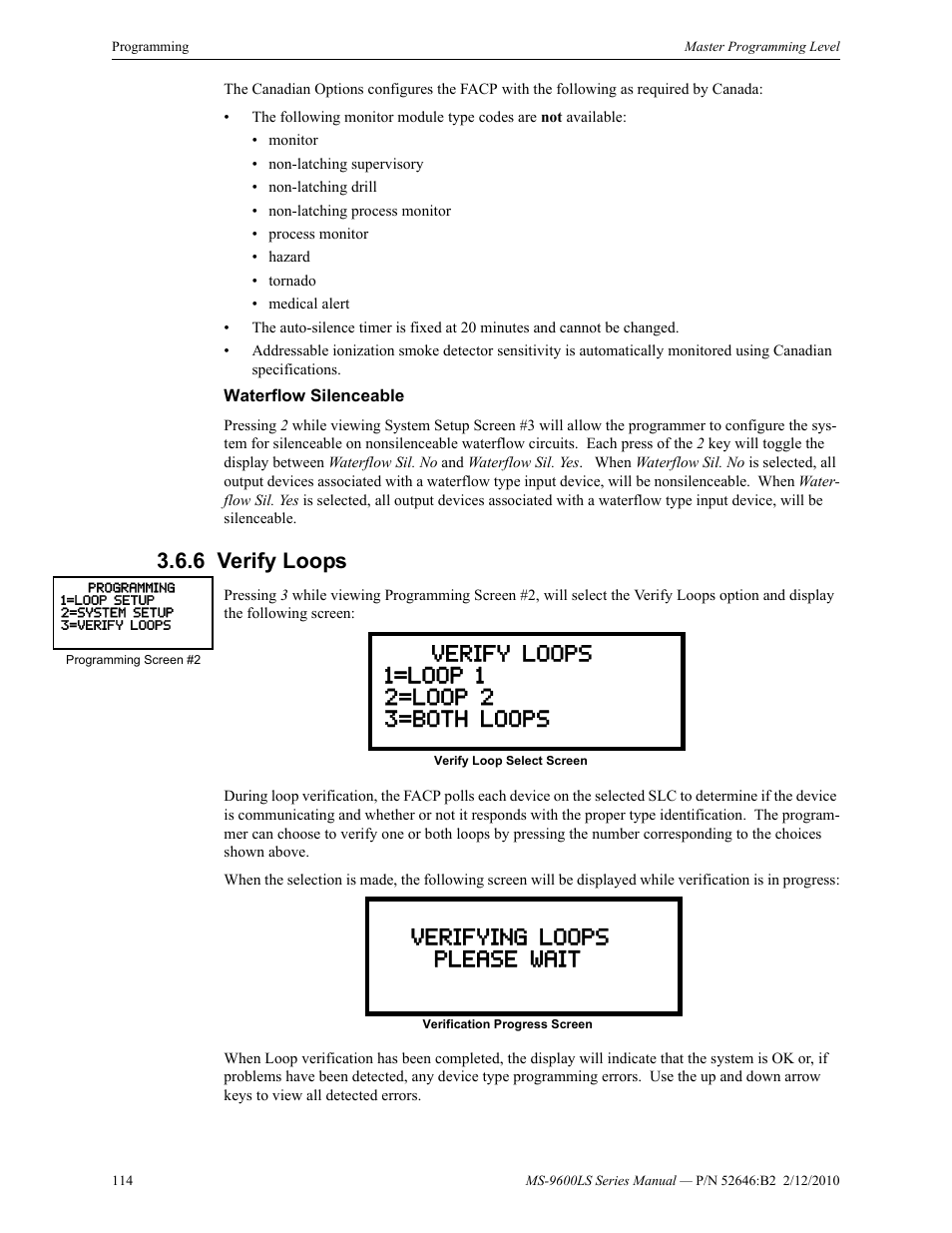 Waterflow silenceable, 6 verify loops, Verify loops | Fire-Lite MS-9600LSC Addressable Fire Alarm Control Panel User Manual | Page 114 / 208