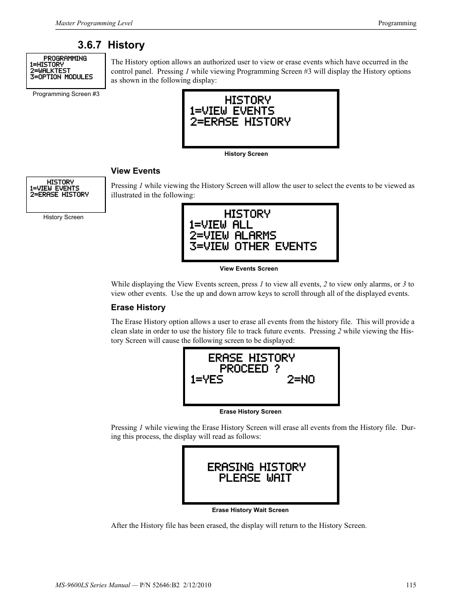 7 history, View events, Erase history | History, View events erase history | Fire-Lite MS-9600LSC Addressable Fire Alarm Control Panel User Manual | Page 115 / 208