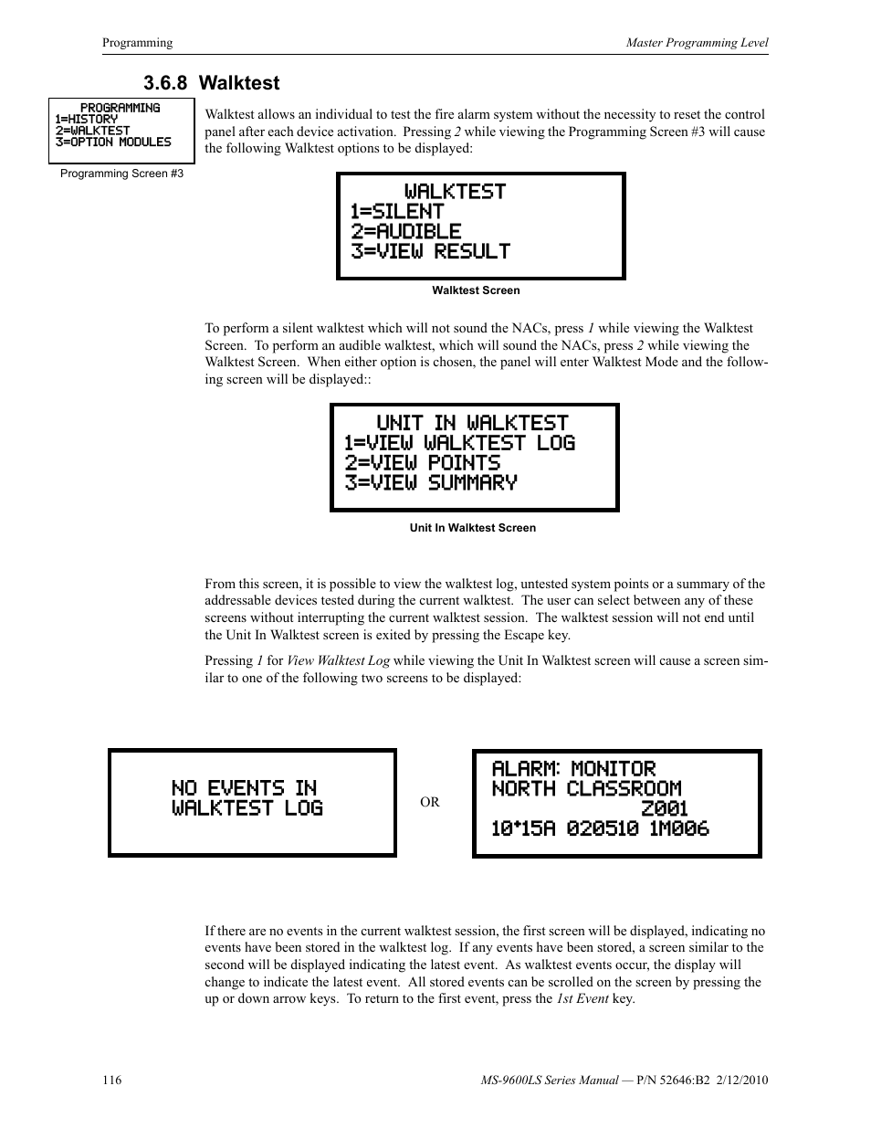 8 walktest, Walktest | Fire-Lite MS-9600LSC Addressable Fire Alarm Control Panel User Manual | Page 116 / 208