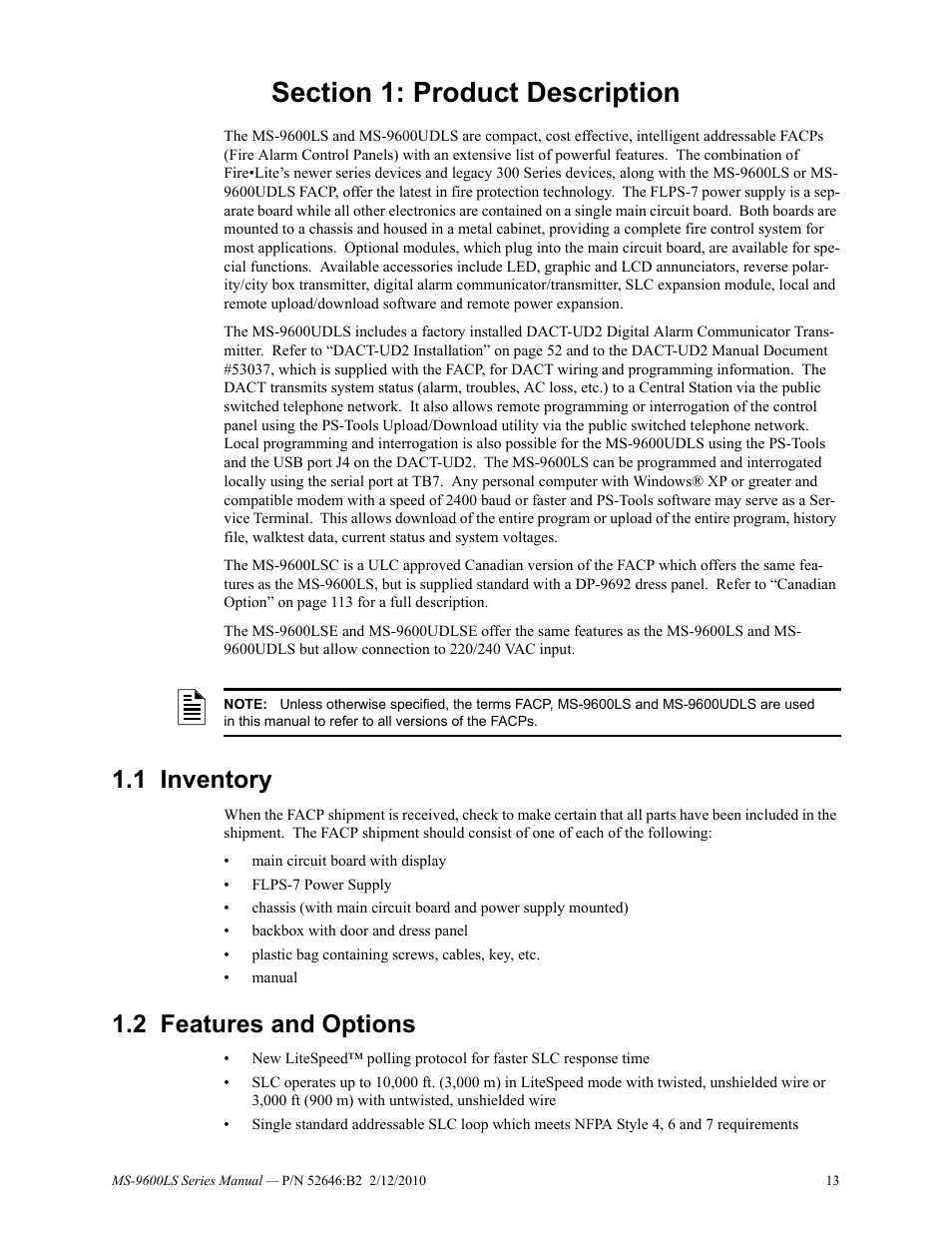 Section 1: product description, 1 inventory, 2 features and options | Inventory 1.2: features and options | Fire-Lite MS-9600LSC Addressable Fire Alarm Control Panel User Manual | Page 13 / 208