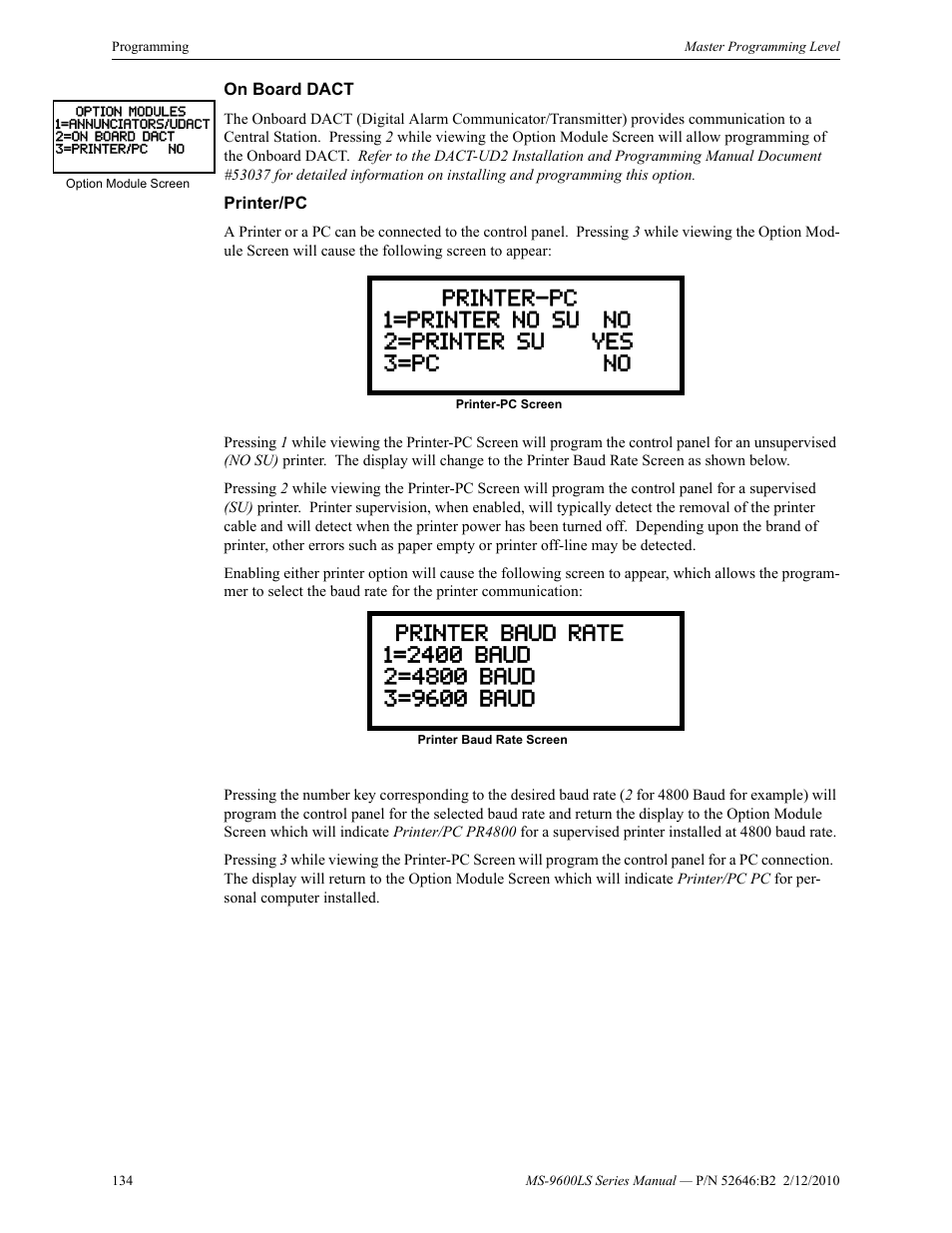 On board dact, Printer/pc, On board dact printer/pc | Fire-Lite MS-9600LSC Addressable Fire Alarm Control Panel User Manual | Page 134 / 208