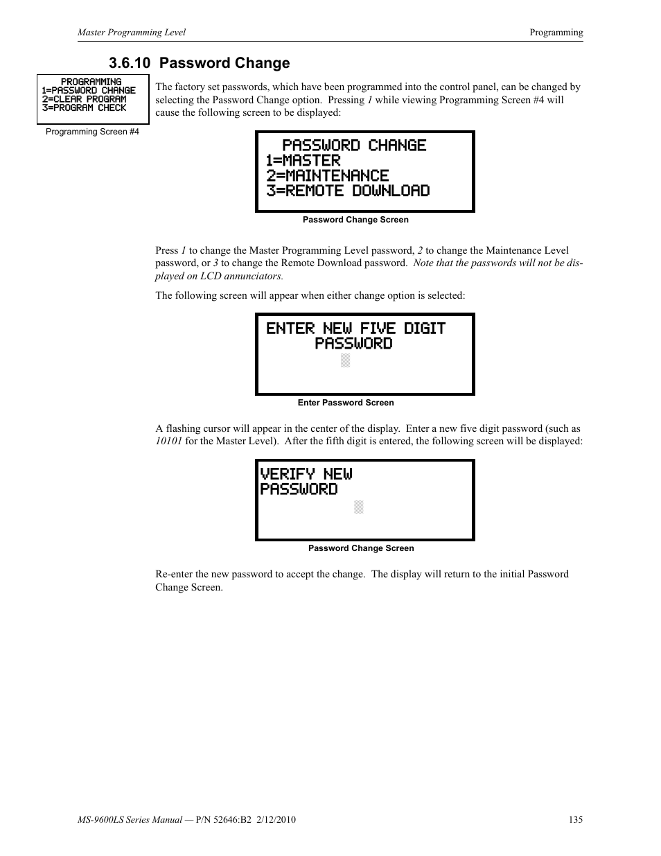 10 password change, Password change | Fire-Lite MS-9600LSC Addressable Fire Alarm Control Panel User Manual | Page 135 / 208