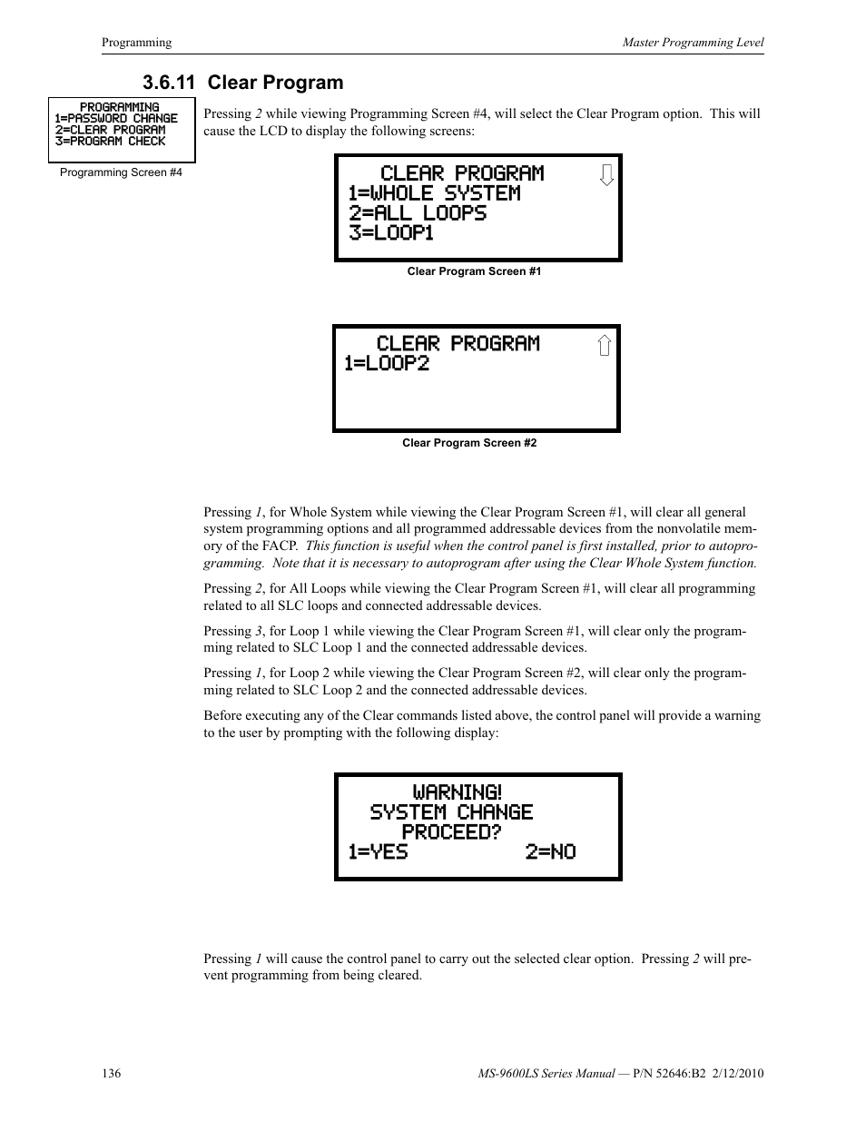 11 clear program, Clear program | Fire-Lite MS-9600LSC Addressable Fire Alarm Control Panel User Manual | Page 136 / 208