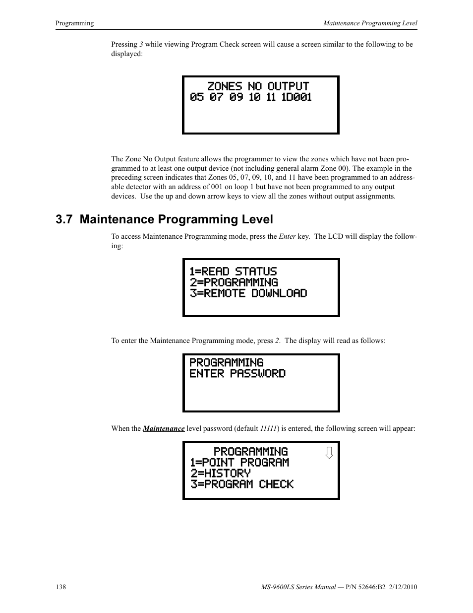 7 maintenance programming level, Maintenance programming level | Fire-Lite MS-9600LSC Addressable Fire Alarm Control Panel User Manual | Page 138 / 208