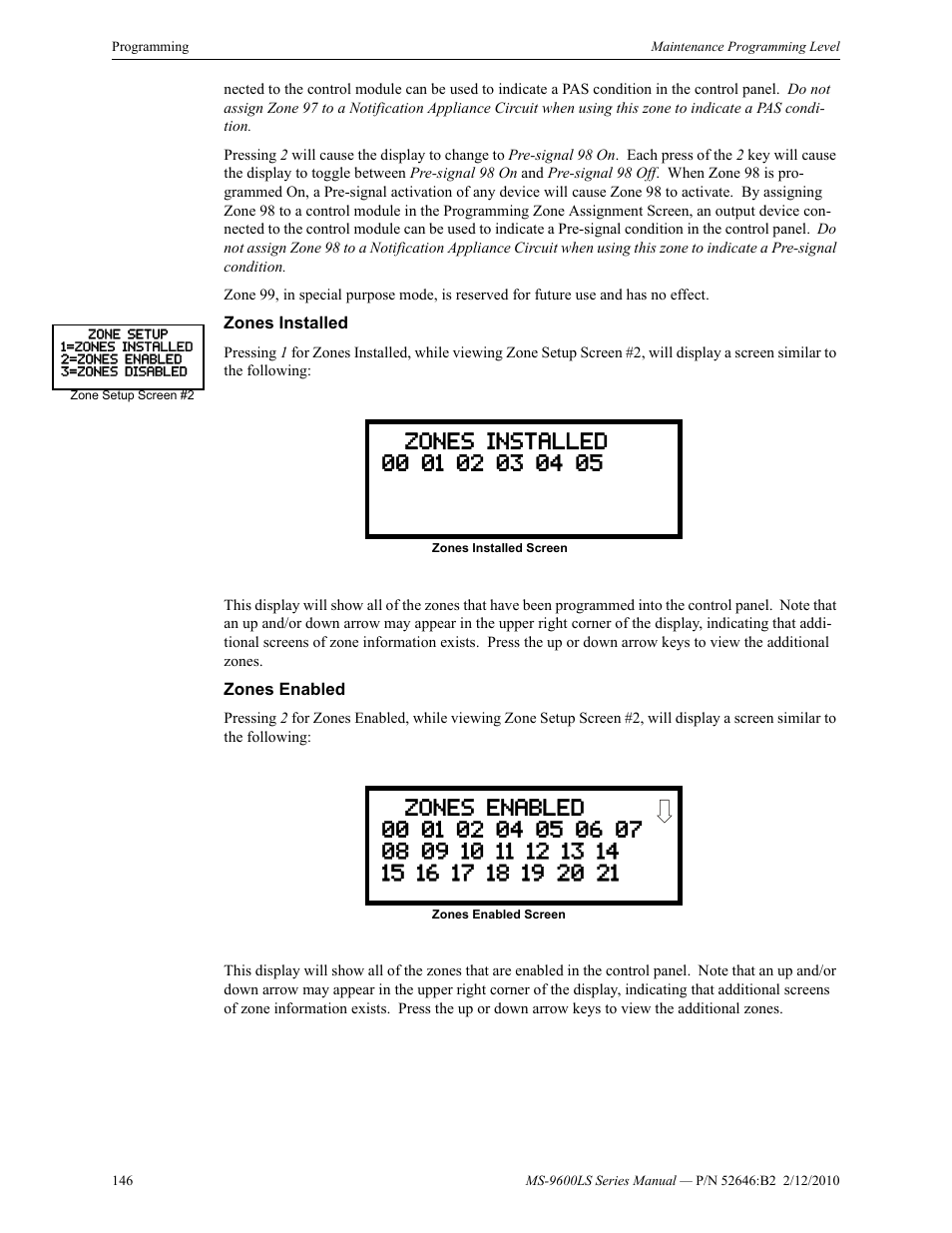 Zones installed, Zones enabled, Zones installed zones enabled | Fire-Lite MS-9600LSC Addressable Fire Alarm Control Panel User Manual | Page 146 / 208