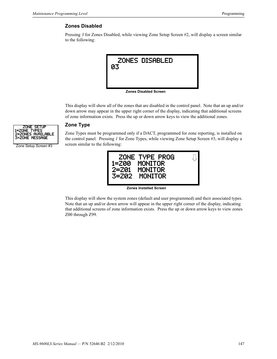 Zones disabled, Zone type, Zones disabled zone type | Zones disabled 03 | Fire-Lite MS-9600LSC Addressable Fire Alarm Control Panel User Manual | Page 147 / 208