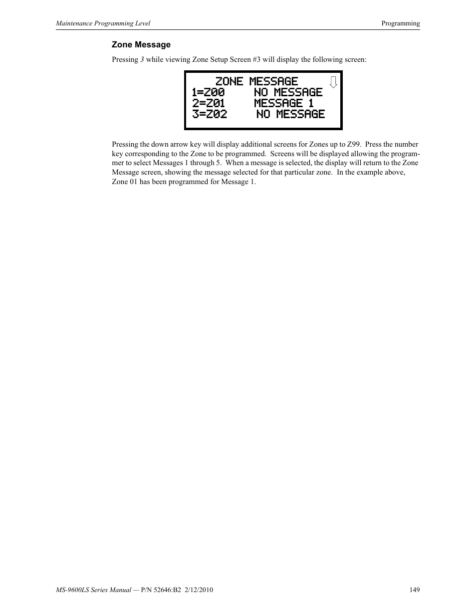 Zone message | Fire-Lite MS-9600LSC Addressable Fire Alarm Control Panel User Manual | Page 149 / 208