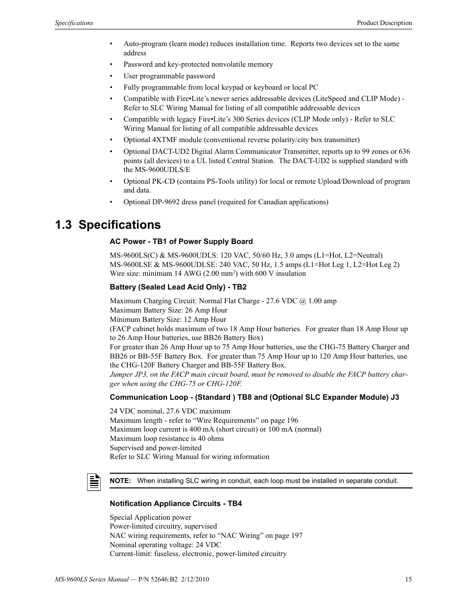 3 specifications, Specifications | Fire-Lite MS-9600LSC Addressable Fire Alarm Control Panel User Manual | Page 15 / 208