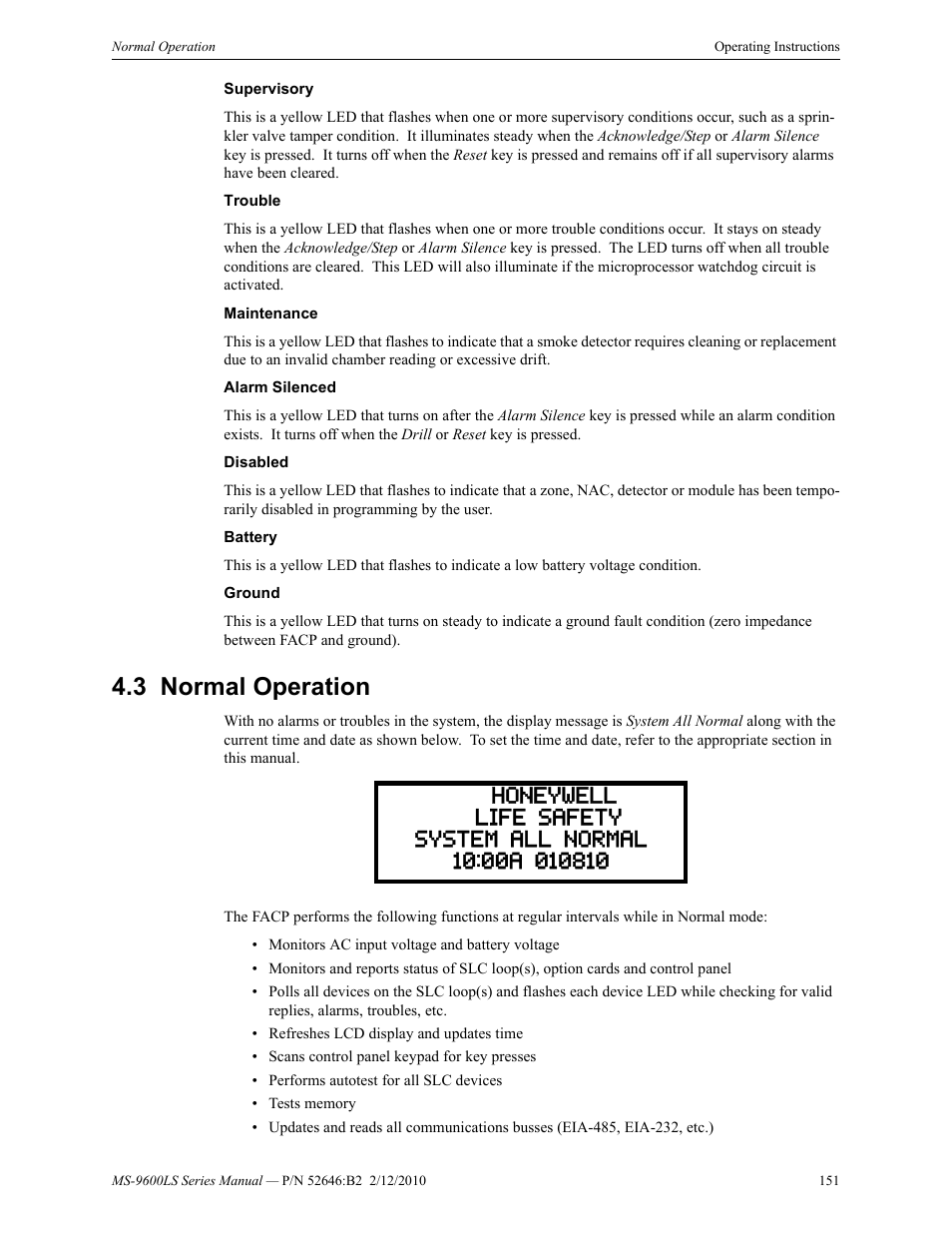 3 normal operation, Normal operation | Fire-Lite MS-9600LSC Addressable Fire Alarm Control Panel User Manual | Page 151 / 208