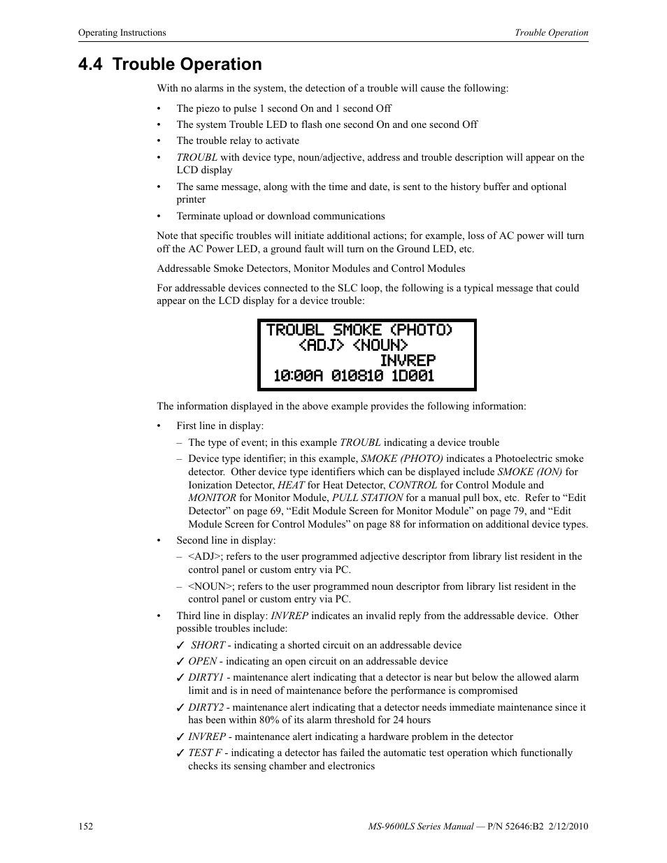 4 trouble operation, Trouble operation | Fire-Lite MS-9600LSC Addressable Fire Alarm Control Panel User Manual | Page 152 / 208