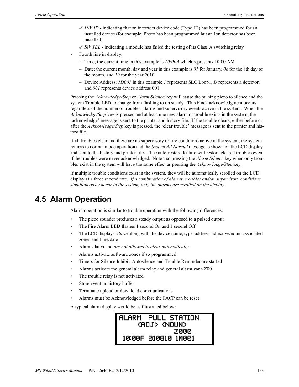 5 alarm operation, Alarm operation | Fire-Lite MS-9600LSC Addressable Fire Alarm Control Panel User Manual | Page 153 / 208