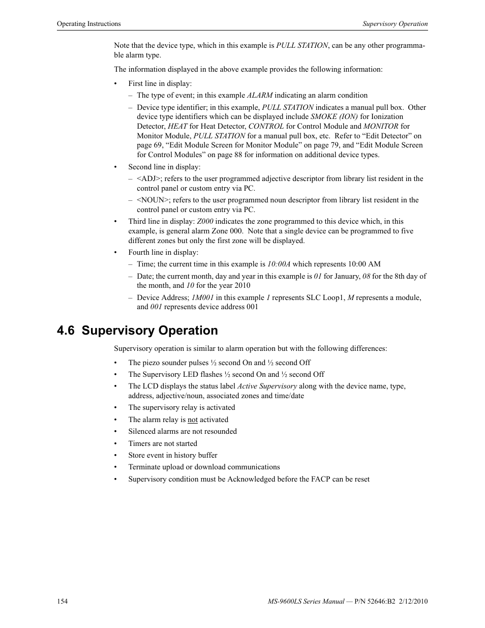 6 supervisory operation, Supervisory operation | Fire-Lite MS-9600LSC Addressable Fire Alarm Control Panel User Manual | Page 154 / 208