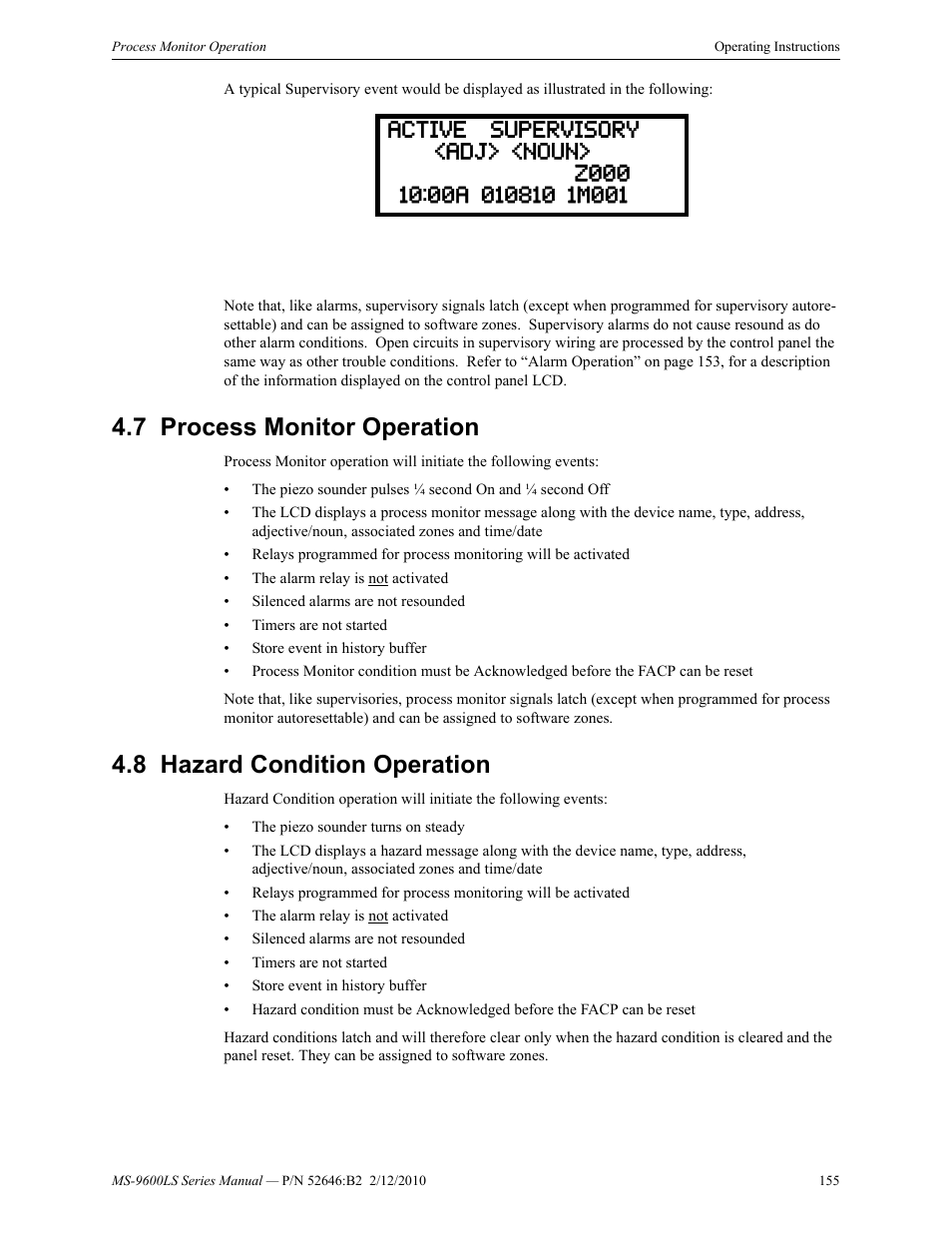 7 process monitor operation, 8 hazard condition operation | Fire-Lite MS-9600LSC Addressable Fire Alarm Control Panel User Manual | Page 155 / 208