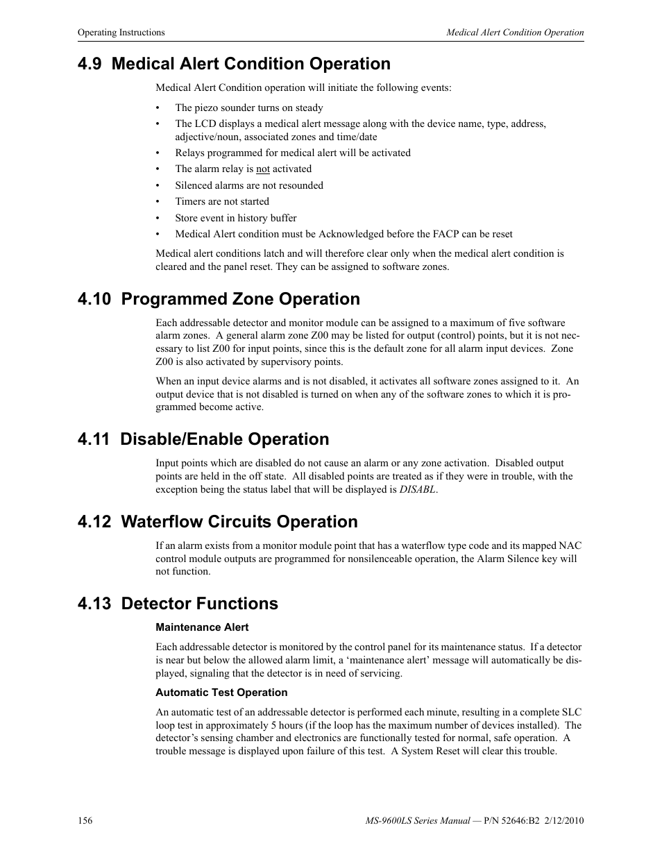 9 medical alert condition operation, 10 programmed zone operation, 11 disable/enable operation | 12 waterflow circuits operation, 13 detector functions | Fire-Lite MS-9600LSC Addressable Fire Alarm Control Panel User Manual | Page 156 / 208