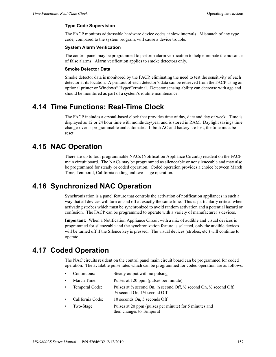 14 time functions: real-time clock, 15 nac operation, 16 synchronized nac operation | 17 coded operation | Fire-Lite MS-9600LSC Addressable Fire Alarm Control Panel User Manual | Page 157 / 208