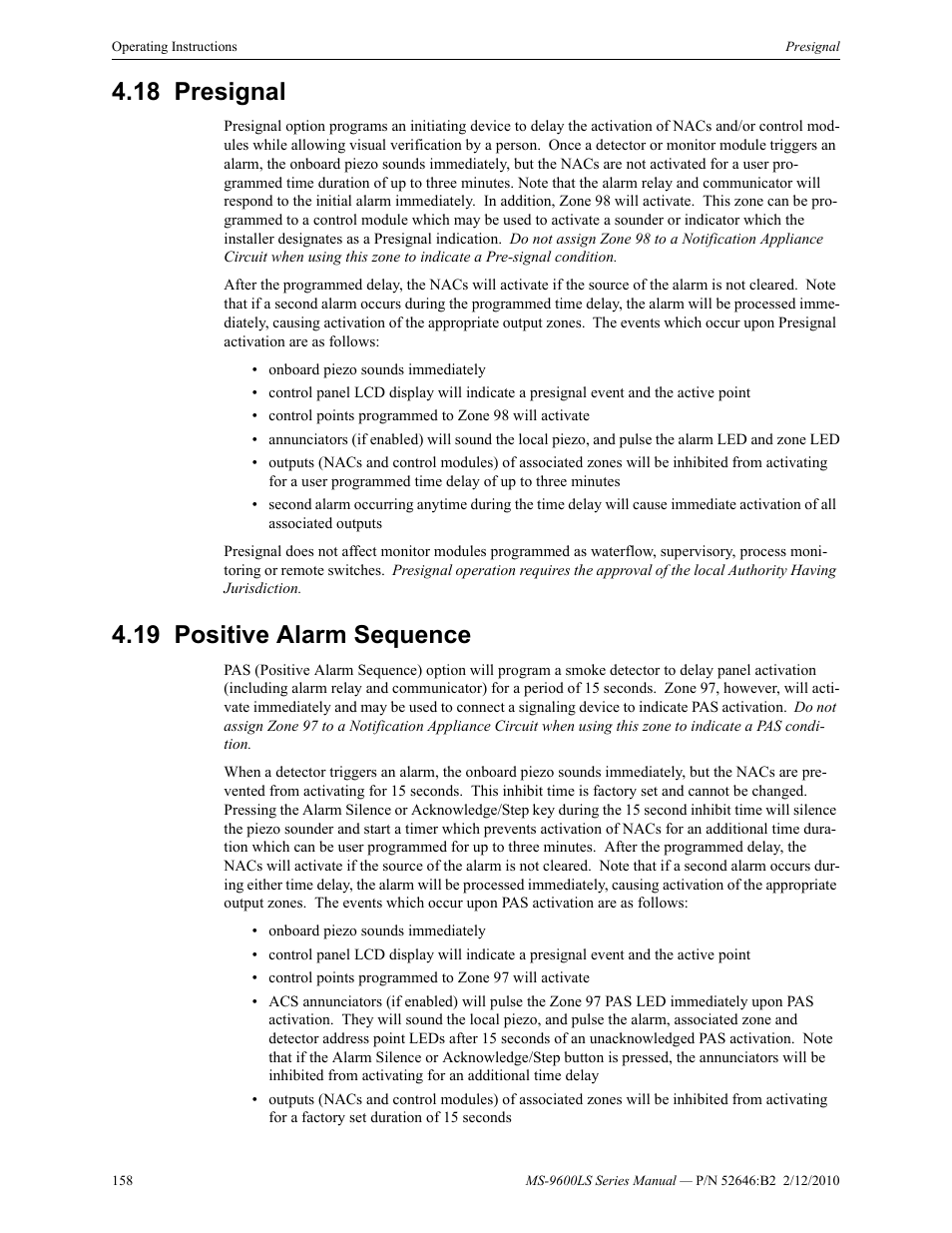 18 presignal, 19 positive alarm sequence, Presignal 4.19: positive alarm sequence | Fire-Lite MS-9600LSC Addressable Fire Alarm Control Panel User Manual | Page 158 / 208