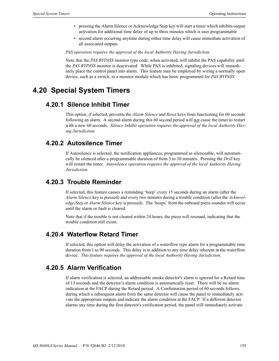 20 special system timers, 1 silence inhibit timer, 2 autosilence timer | 3 trouble reminder, 4 waterflow retard timer, 5 alarm verification, Special system timers | Fire-Lite MS-9600LSC Addressable Fire Alarm Control Panel User Manual | Page 159 / 208