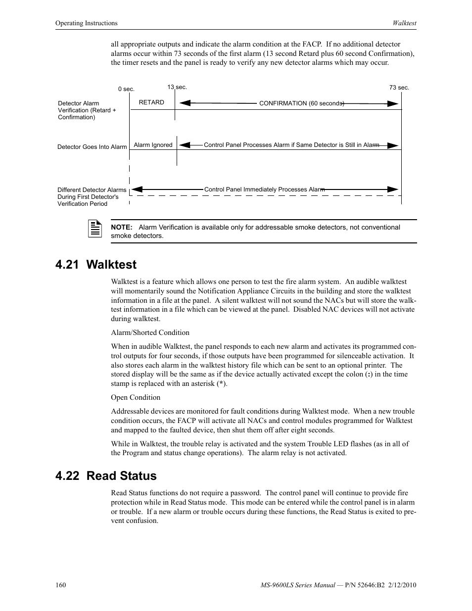 21 walktest, 22 read status, Walktest 4.22: read status | Fire-Lite MS-9600LSC Addressable Fire Alarm Control Panel User Manual | Page 160 / 208