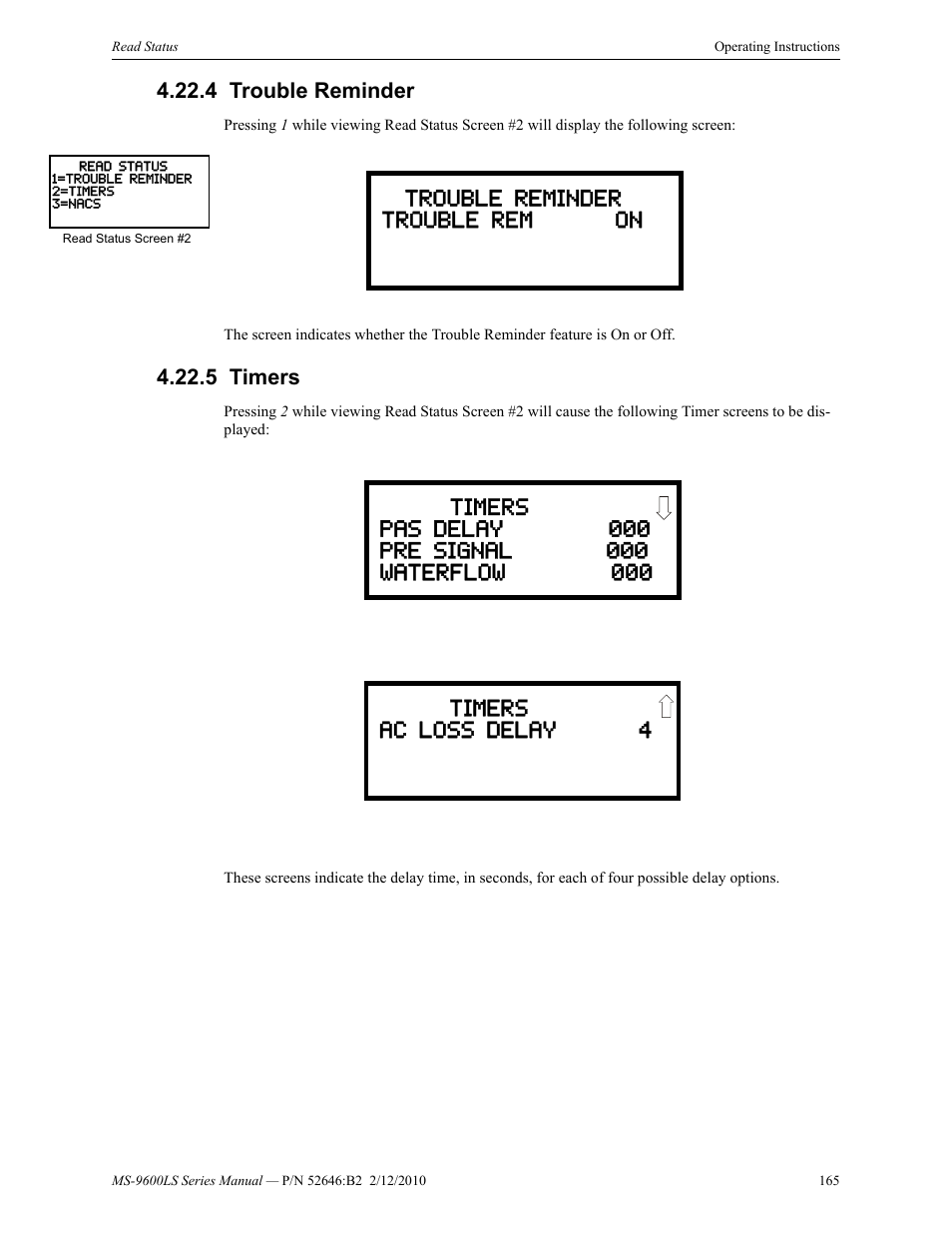 4 trouble reminder, 5 timers, Trouble reminder 4.22.5: timers | Fire-Lite MS-9600LSC Addressable Fire Alarm Control Panel User Manual | Page 165 / 208
